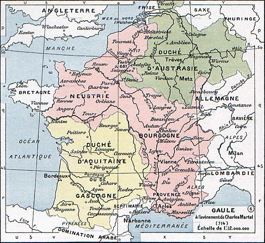 Francia in 714 CE, roughly around the time Charles Martel became majordomo and prince