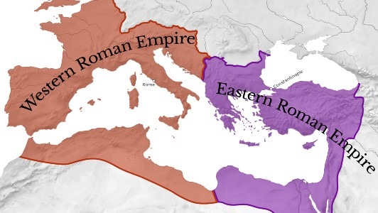 Map showing the division of the Roman Empire into a Western Latin half and an Eastern Greek (Byzantine) half