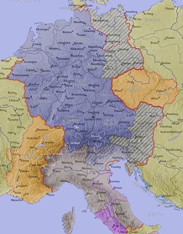 Map showing the four kingdoms of the Holy Roman Empire: Germany, Italy, Bohemia and Burgundy