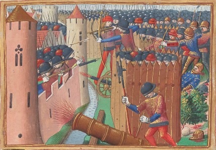 Medieval cannon in action, 15th-century illustration. Both Ghent and Burgundy were able to afford these weapons.
