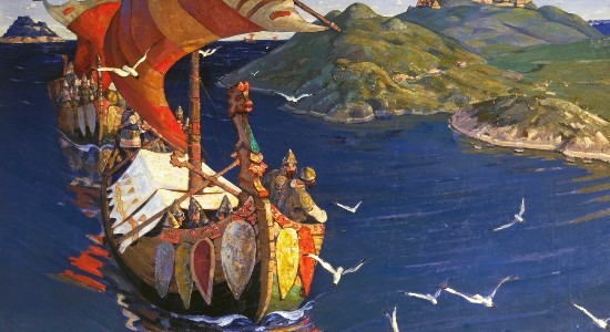 'Guests from Overseas', depicting the famous Viking longships