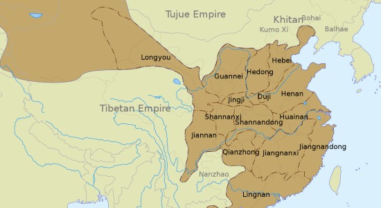 The Tang Empire in 742 CE, roughly when Zhang Xun passed for his imperial examination