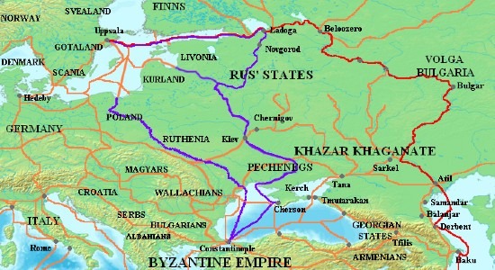 Trade routes along the Volga River. Ibn Fadlan travelled up the red line.
