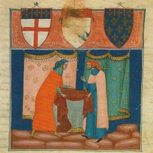 Medieval merchants measuring cloth, a trading item of great importance during the Middle Ages