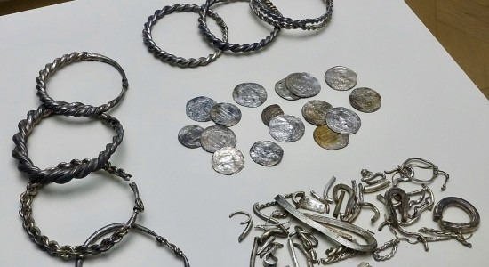 A Viking silver hoard, showing many artifacts made of precious metal
