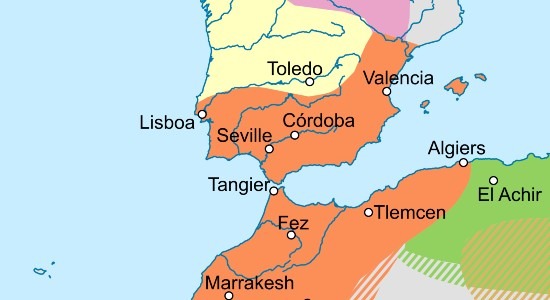 The capture of Toledo by Alfonso (yellow) triggered the Almoravid (orange) invasion of Spain