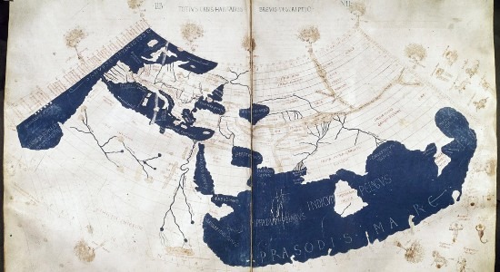 A medieval world map with the title "Brief Description of the Inhabited World". The Silk Road is already displayed on this very early map.