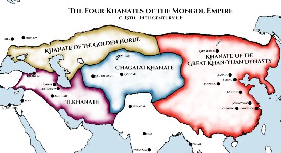 A map of Asia around 1300 CE, showing the Ilkhanate, Chagatai Khanate, the Golden Horde, and of course the Yuan Dynasty