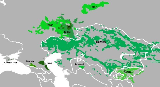 Map of the modern distribution of Qipchaq Turkic languages