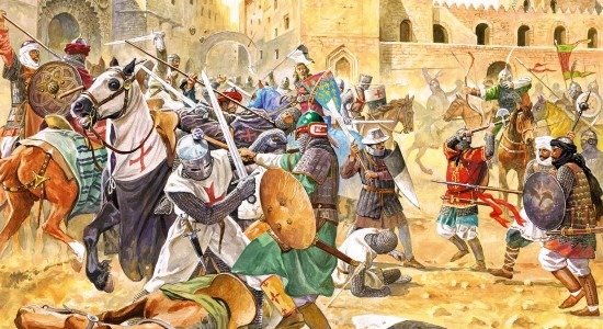 Mamluks fighting the Knights Templar and the French in al-Mansurah, 1250 CE