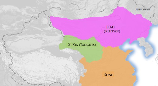 The Western Xia empire, in relation to the Liao and the Song