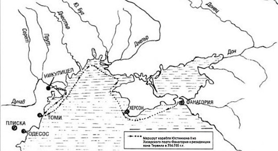 The sea route that Justinian II took, back to the capital (Constantinople)
