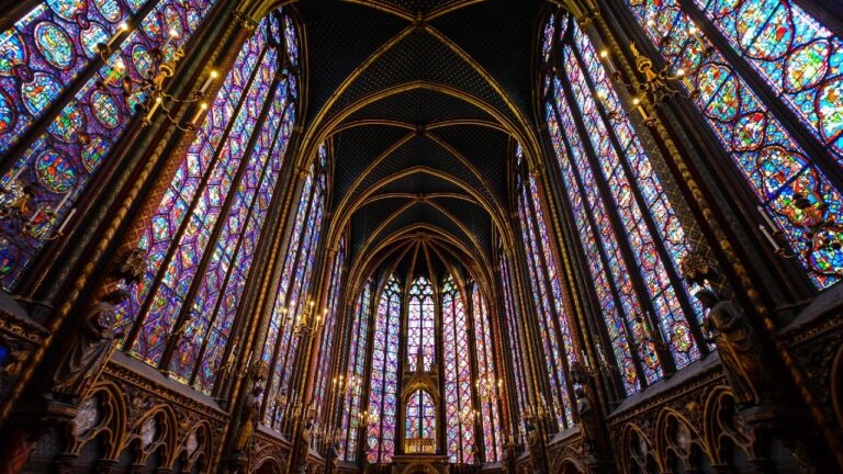 Stained glass windows in a gothic cathedral