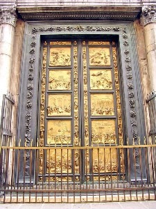 A bronze door of a gothic church