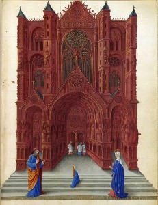 Medieval manuscript showing the gothic Bourges Cathedral