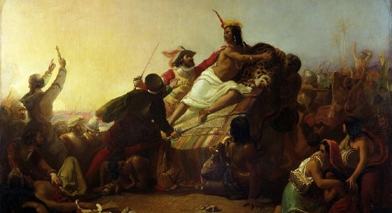 Spanish conquistador Pizarro capturing the Sapa Inca Atahualpa