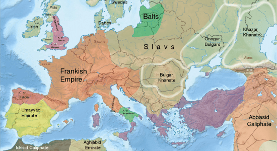 Map of the Frankish/Carolingian and Byzantine/Eastern Roman Empires around 830 CE