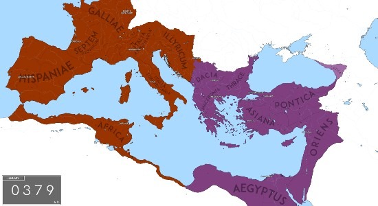 Map of the division between the Western and Eastern Roman Empires