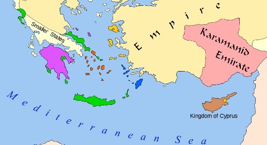 Map of Hospitaller possessions in the Eastern Mediterranean, most notably Rhodes