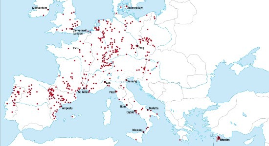 A map of Hospitaller commanderies in Europe, around 1300 CE