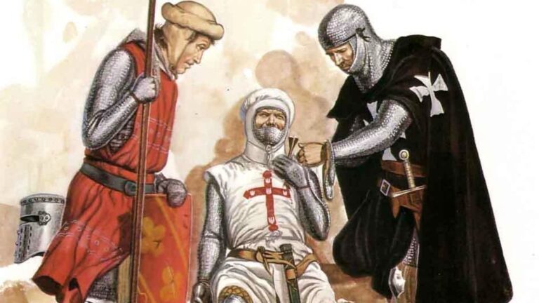 A Hospitaller medic tending to a wounded Knight Templar
